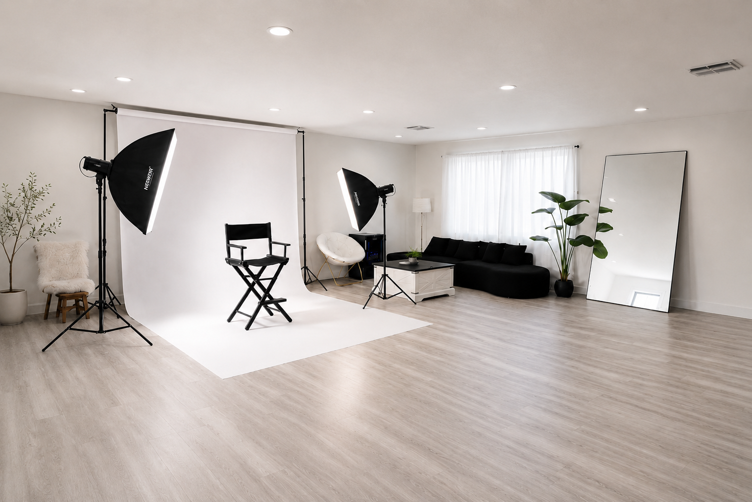 Bright open photography studio with white walls, large windows and a seamless backdrop in Conroe, Texas